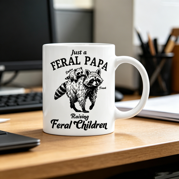 Personalized Raccoon "Just a Feral Papa" Mug, Custom Kids Names, Father’s Day Gift