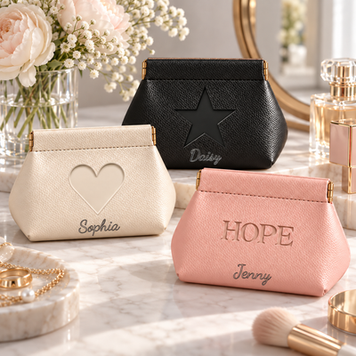 Personalized Embossed Leather Makeup Pouch, Custom Initial Pattern PU Leather Cosmetic Bag, Portable Storage Organizer for Her