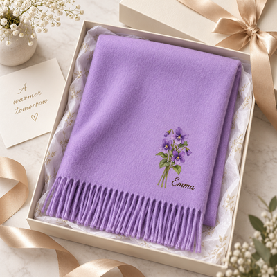 Custom Name Birth Flower Tassel Scarf, Soft Warm Winter Wrap, Birthday & Anniversary Gift for Her Him