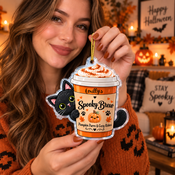 Personalized Spooky Brew Black Cat Acrylic Keychain, Custom Name Pumpkin Coffee Cup Halloween Ornament, Cute Fall Cat Bag Charm Gift For Cat Lovers