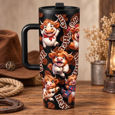 Personalized Highland Cow Tumbler, Custom Name Cute Cartoon Highland Cows 40oz Insulated Travel Mug, Cow Print Tumbler With Handle Gift For Cow Lovers