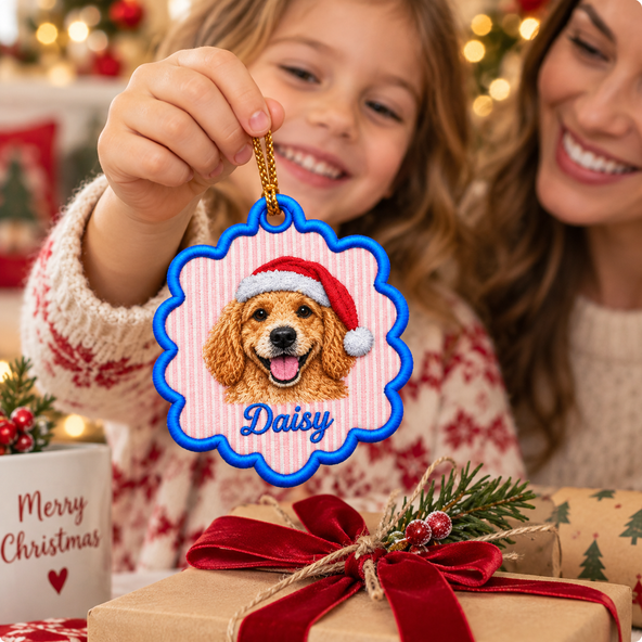 Custom Pet Photo Christmas Embroidered Ornament, Personalized Dog Cat Pet Memorial Keepsake, Holiday Tree Decor Gift for Pet Owners
