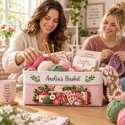 Personalized Storage Basket – Custom Name Yarn Organizer Basket, Crochet & Knitting Storage Bin, Cozy Home Decor Gift for Crafters