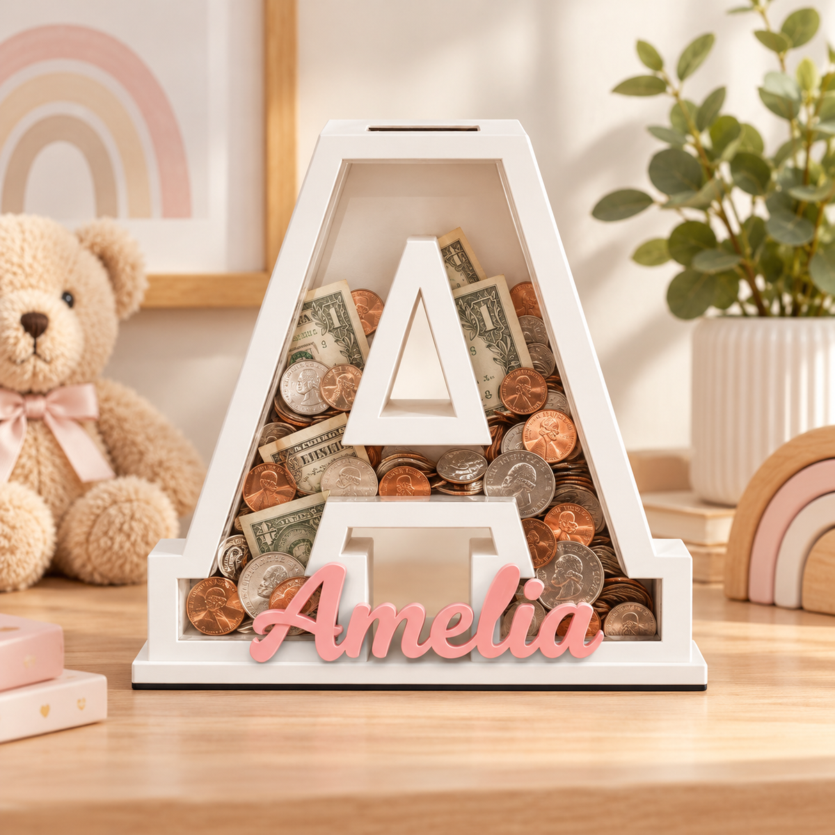 Personalized Letter Piggy Bank, Wooden & Clear Acrylic Initial Coin ...