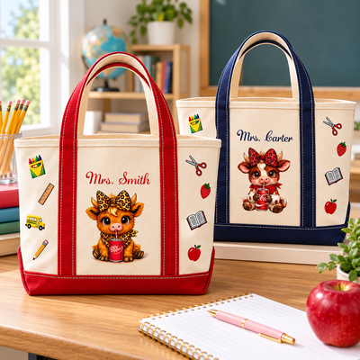 Custom Name Highland Cow Teacher Tote Bag, Multiple Cow Designs Available, Back to School Teacher Gift