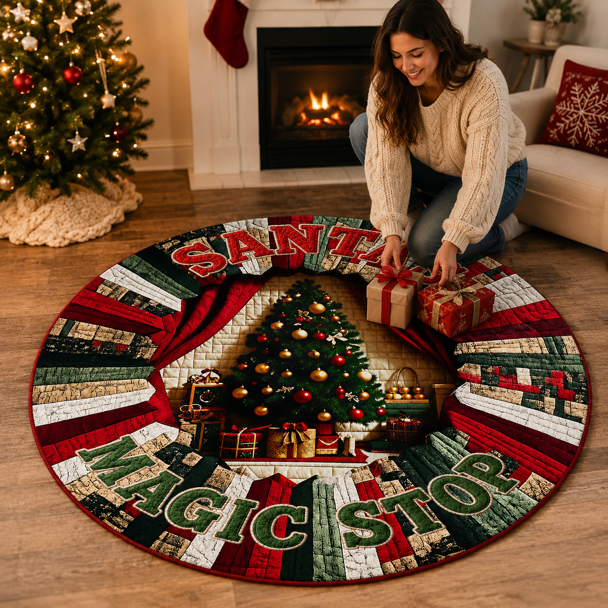 Christmas 3D Vortex Optical Illusion Round Rug, Holiday Gift Drop Santa Snowman Floor Doormat, Festive Home Decor Gift for Family and Christmas Party Lovers