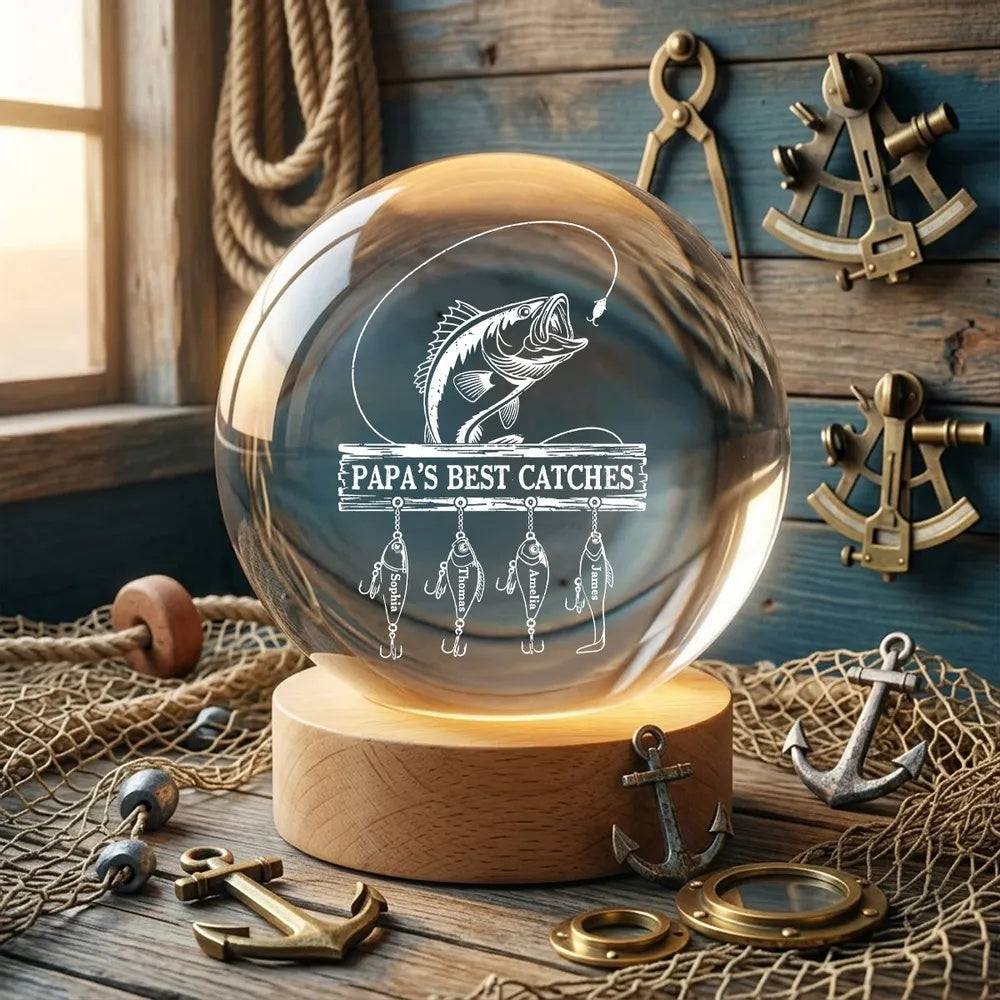 Daddy Grandpa Best Catch Fishing - Personalized Crystal Ball LED Night Light - Heartfelt Gift For Dad, Gift For Grandpa