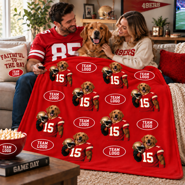 Personalized Pet Football Player Fleece Throw Blanket, Custom Dog Cat Portrait Sports Team Blanket, Game Day Home Decor Gift For Football Fans & Pet Lovers