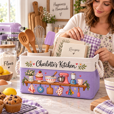 Custom Name Floral Kitchen Counter Organizer, Cute Kitchen Utensil Personalized Fabric Storage Basket