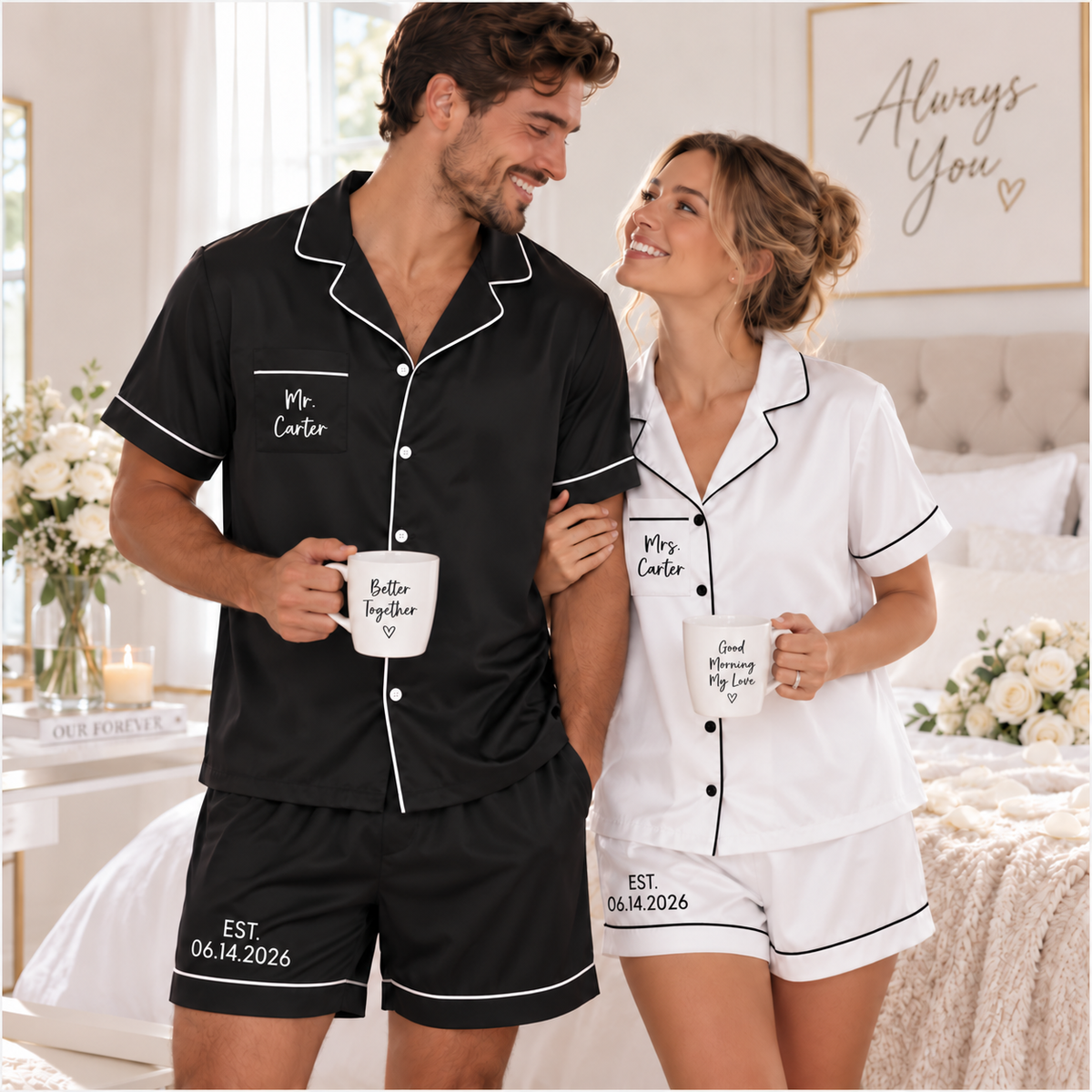 Personalized Bride & Groom Matching PJ Set, Custom Satin Short Couple Pajamas, Wedding Morning Pjs, Honeymoon Sleepwear Gift for Newlyweds