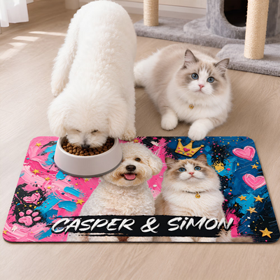 Personalized Graffiti Oil Painting Style Crown Pet Photo Pet Feeding Mat with Name Home Decor Pet Supplies Birthday Gift for Pet Owners Lovers
