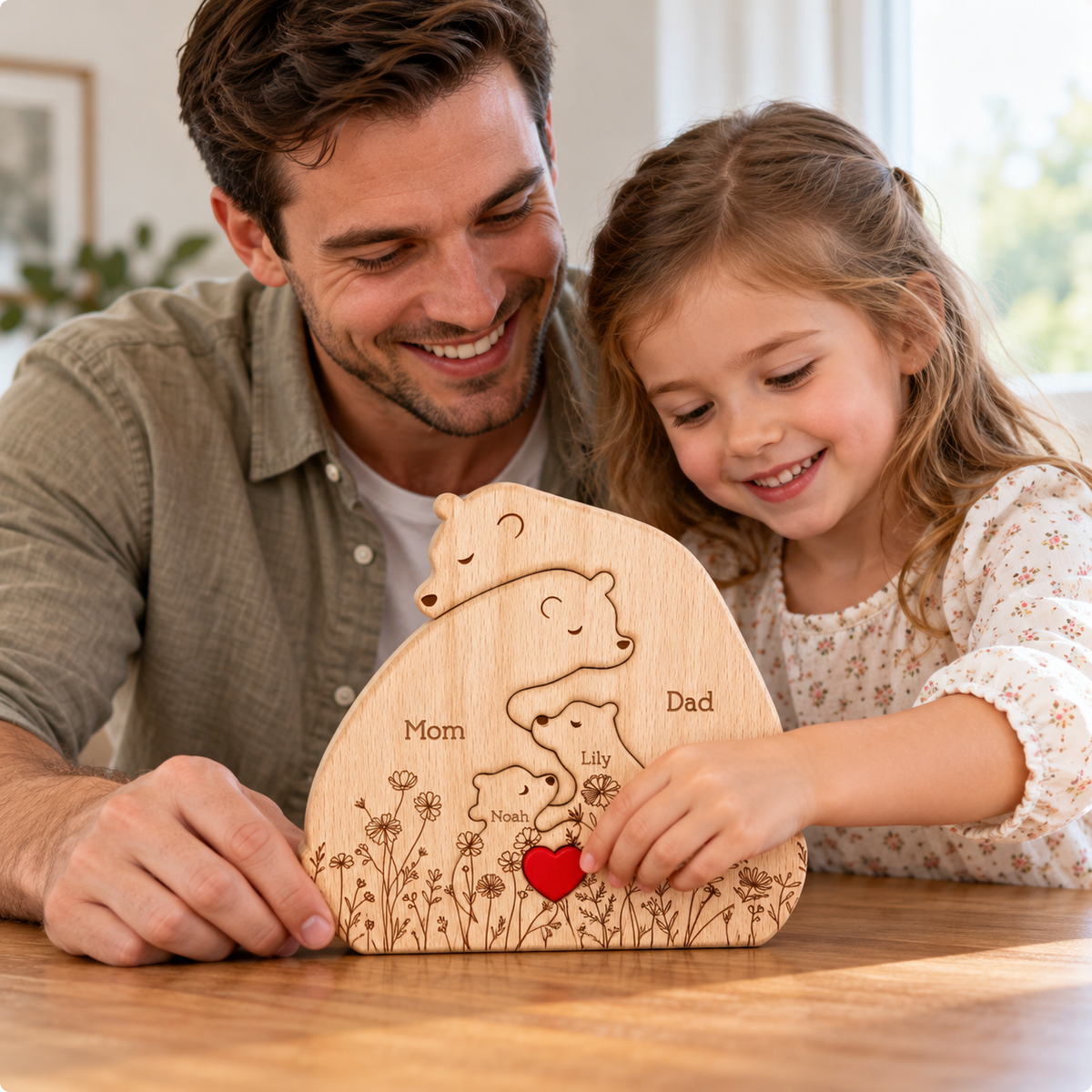 Personalized Wooden Bear Family Puzzle, Hugging Bear Family Floral Puzzle, Custom Name Family Keepsake, Gift for Dad, Mom