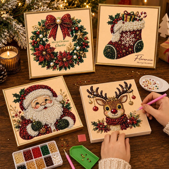 Personalized Christmas Pearl Diamond Painting Kit with Custom Name & Frame – Holiday Craft Gift for Kids & Adults