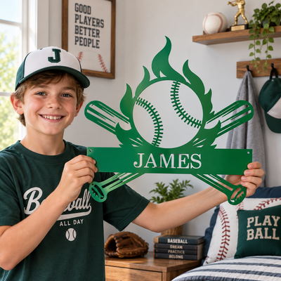 Personalized Baseball Metal Wall Sign – Custom Name & Flame Design, Sports Room Decor Gift for Baseball Fans