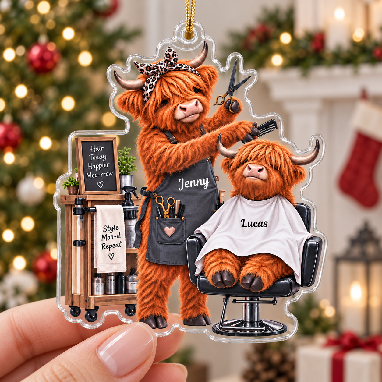 Personalized Hairdresser Highland Cow Acrylic Christmas Ornament, Custom Name Barber Salon Christmas Tree Decoration, Hairstylist Holiday Keepsake Gift