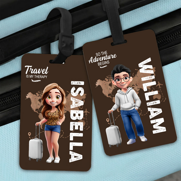 Let The Adventure Begins - Personalized Cartoon Travel Character Name Luggage Tag for Family Travel Birthday Gift