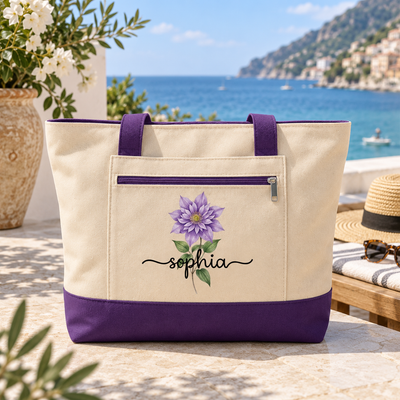 Custom Birth Month Flower Tote Bag with Zipper, Personalized Name Canvas Tote Bag, Floral Everyday Carryall, Flower Lover Gift for Women