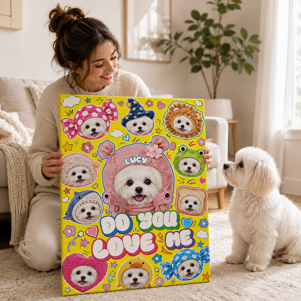 Personalized Colorful Pet Collage Canvas Wall Art, Custom Name Cute Pet Wearing Assorted Funny Hats Poster Print, Playful Home Decoration Gift for Pet Lovers