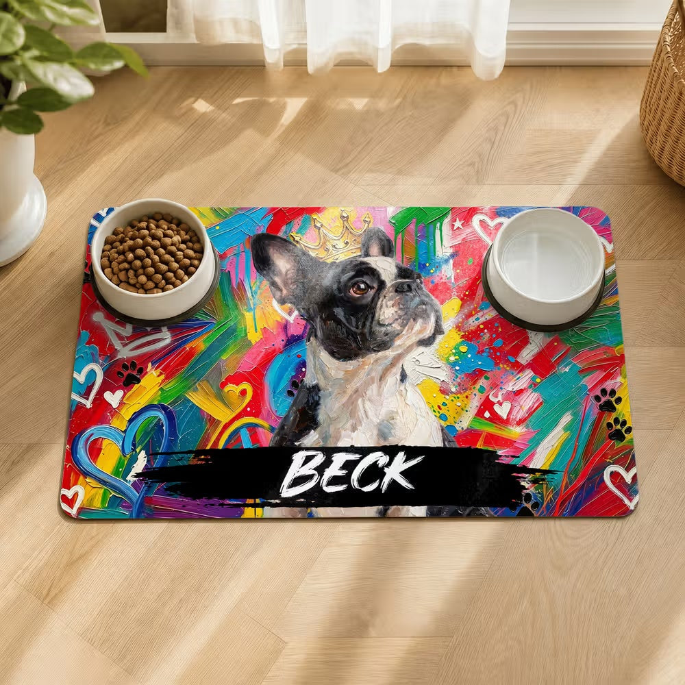 Personalized Graffiti Oil Painting Style Crown Pet Photo Pet Feeding Mat with Name Home Decor Pet Supplies Birthday Gift for Pet Owners Lovers