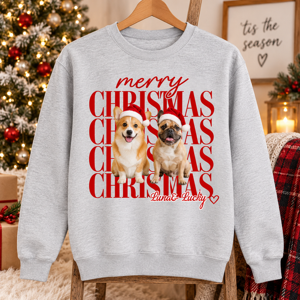 Custom Pet Photo Sweatshirt & T-Shirt – Personalized Pet Portrait Christmas Gift for Pet Mom & Dad