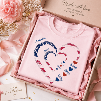 4th of July Great Grandma Grandma Mom Kids 3 Hearts Personalized Shirt