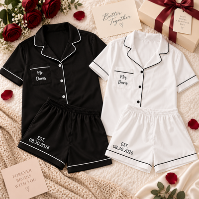 Personalized Bride & Groom Matching PJ Set, Custom Satin Short Couple Pajamas, Wedding Morning Pjs, Honeymoon Sleepwear Gift for Newlyweds