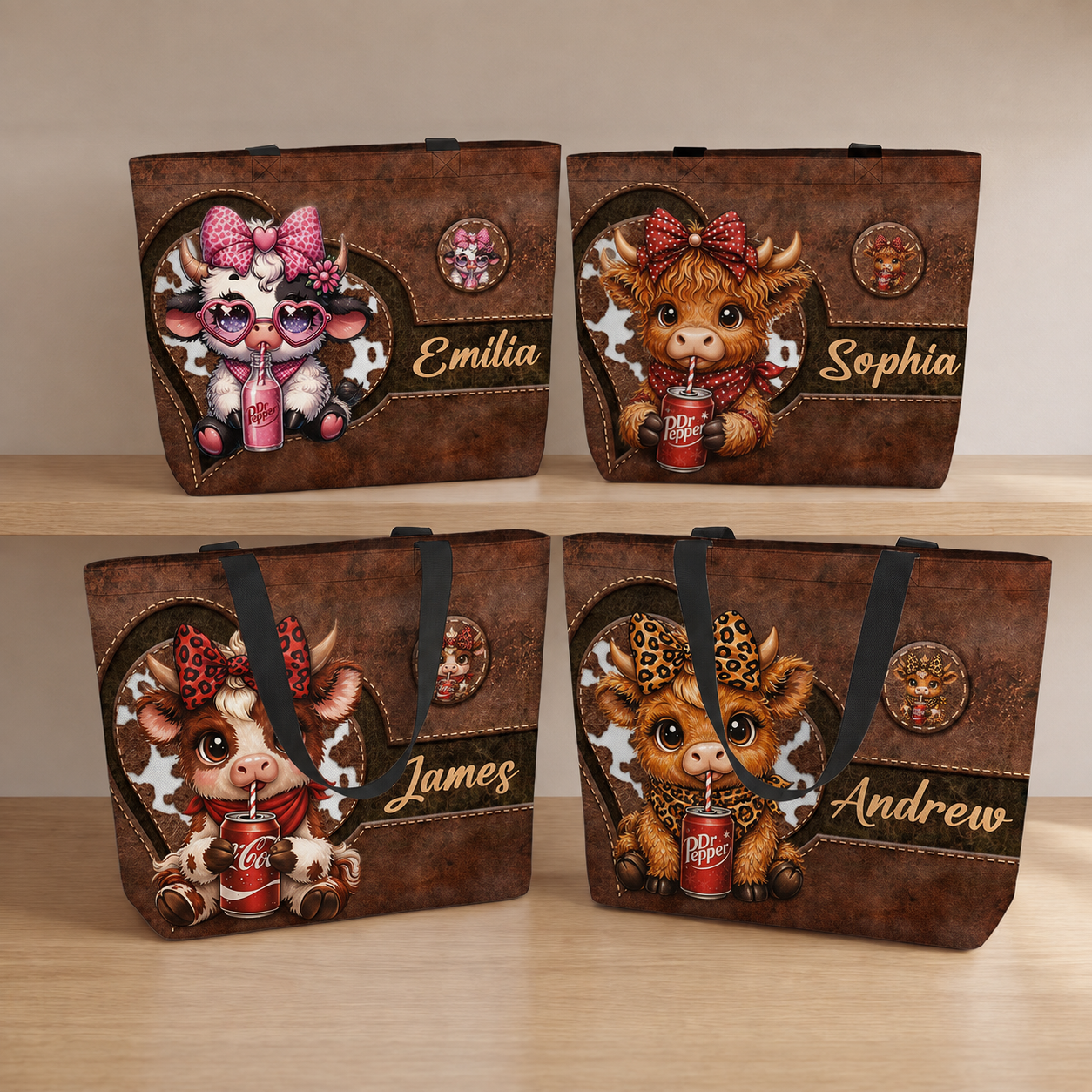 Personalized Cute Cartoon Highland Cow Large Capacity Tote Bag with Name Birthday Gift for Highland Cow Lovers Friends