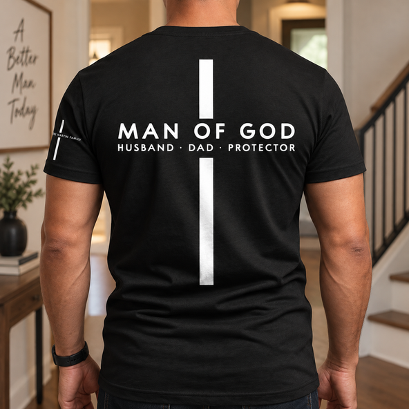 Man of God Christian T-Shirt, Custom Sleeve Family Name, Religious Gift for Dad Husband - Personalized Shirt