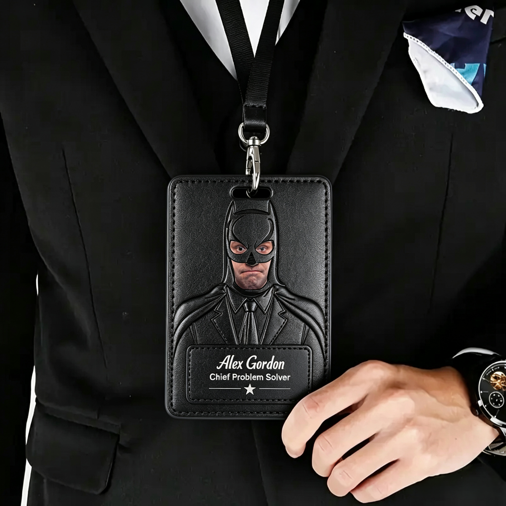 Personalized Batman Superhero PU Leather ID Badge Holder Custom Photo Name Work Lanyard