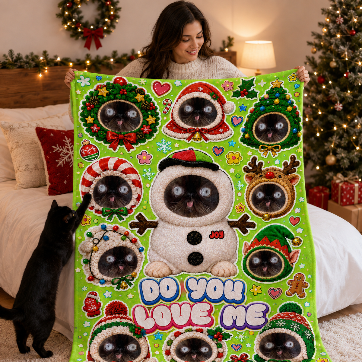 Custom Pet Photo Christmas Flannel Throw Blanket, Personalized Pet Sticker Collage Xmas Home Decor Blanket, Holiday Gift for Pet Lovers