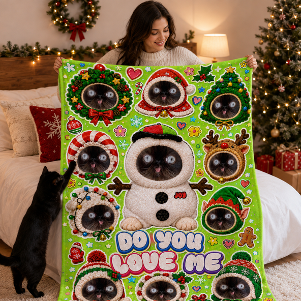 Custom Pet Photo Christmas Flannel Throw Blanket, Personalized Pet Sticker Collage Xmas Home Decor Blanket, Holiday Gift for Pet Lovers