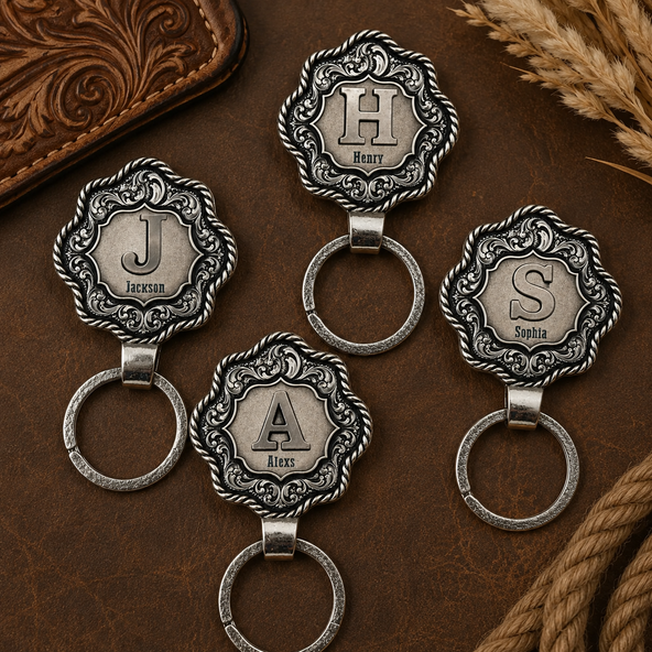 Handmade Western CowTag Belt Key Holder with Copper Initial - Unisex Custom Western-Style Key Fob, Texas Cowboy-Inspired Design, Ideal for Bags, Keys, and Gifting