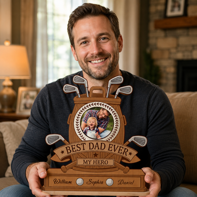 Personalized Golf Dad Wooden Plaque Photo Frame – Best Dad Ever Custom Name Gift for Father’s Day