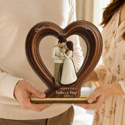 Happy First Father's Day Dad From Mom And Baby 2D Flat Heart - Personalized 2-Layered Wooden Plaque - Heartfelt Father's Day Gift For Dad, Husband