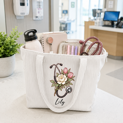 Personalized Nurse Corduroy Tote Bag Custom Name Floral Heart Stethoscope Shoulder Bag Large Medical Work Bag Gift For Registered Nurse