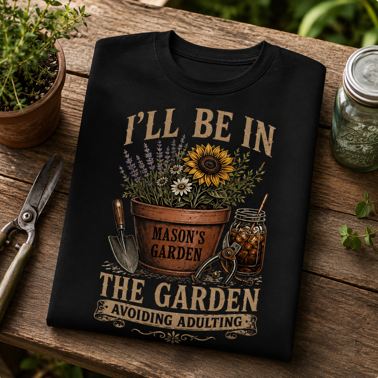 Personalized I'll Be In The Garden Avoiding Adulting T Shirt Custom Name Gardener Sunflower Vintage Tee Gift For Plant Lover