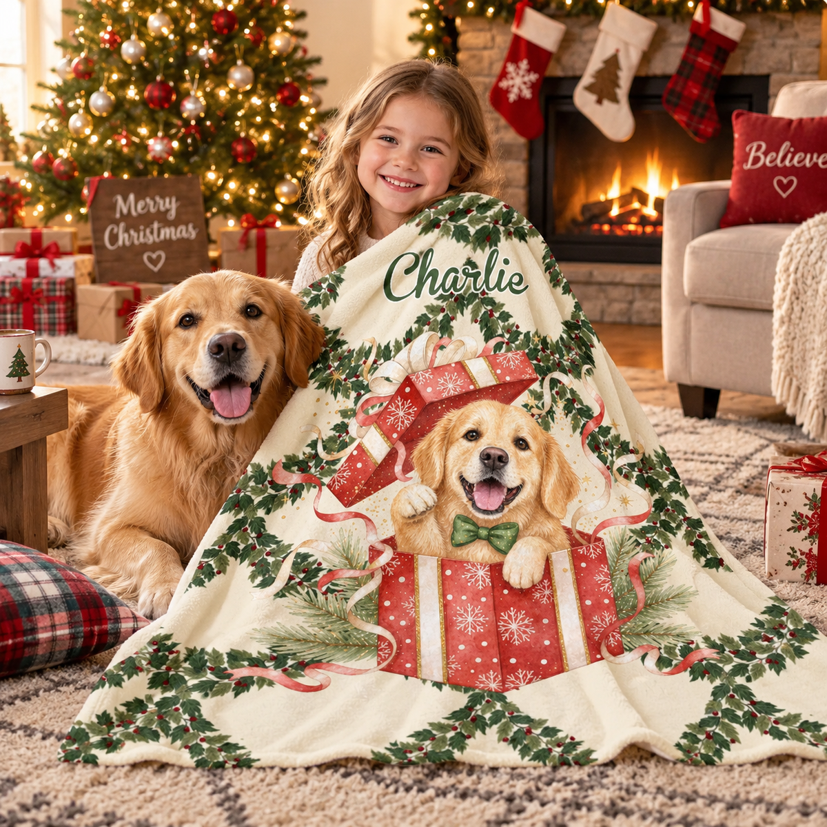 Personalized Christmas Pet Blanket, Custom Name Pet Throw Blanket, Xmas Plaid Wreath Blanket, Holiday Gift for Pet Lover