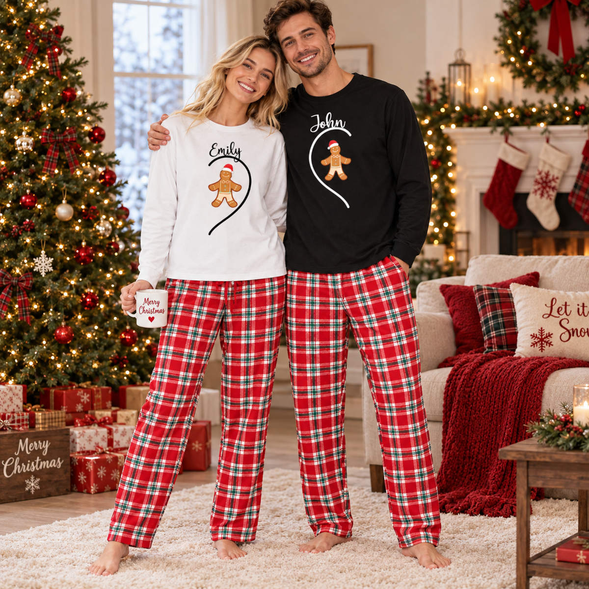 Christmas Couple Sweatshirt – Custom Name & Gingerbread Heart Design, Holiday Outfit Gift for Couples