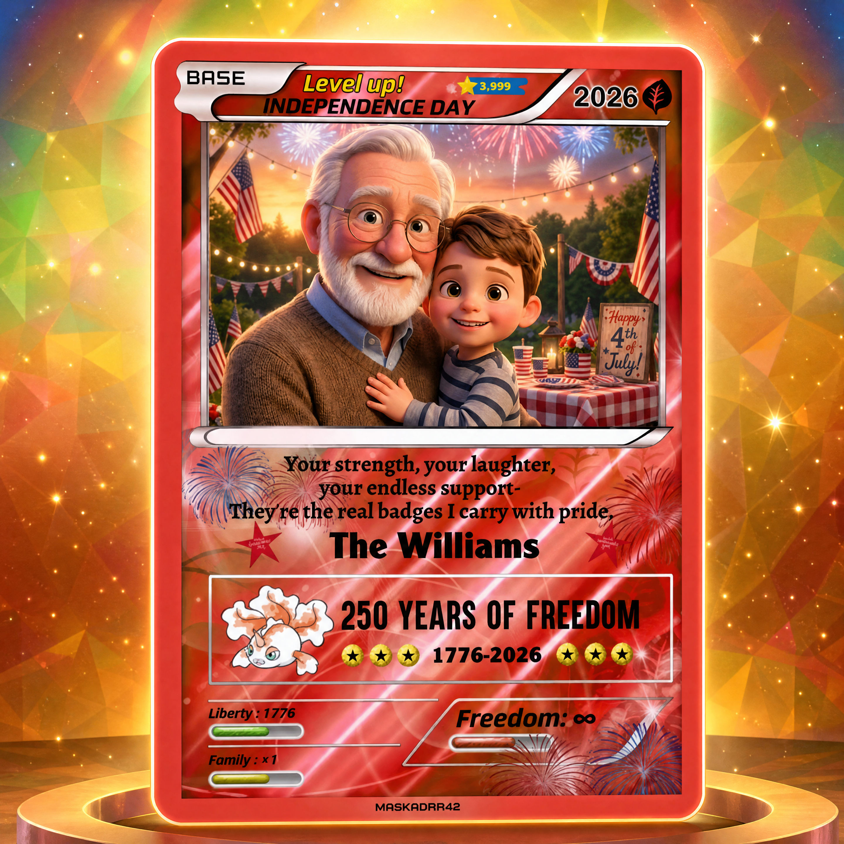 Custom Independence Day Family Pokemon Trading Card | Personalized 4th of July Dad Son Patriotic Portrait Keepsake