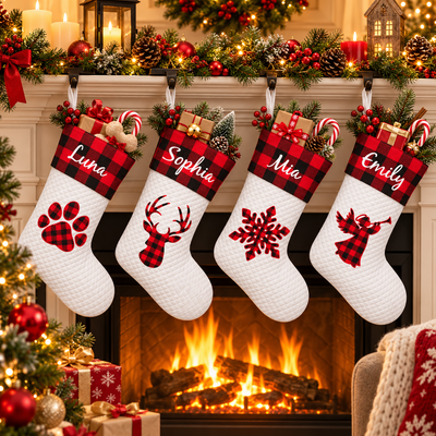 Personalized Buffalo Plaid Christmas Stocking, Custom Name Embroidered Quilted Cotton Stocking, Holiday Decor & Christmas Gift for Family and Pets