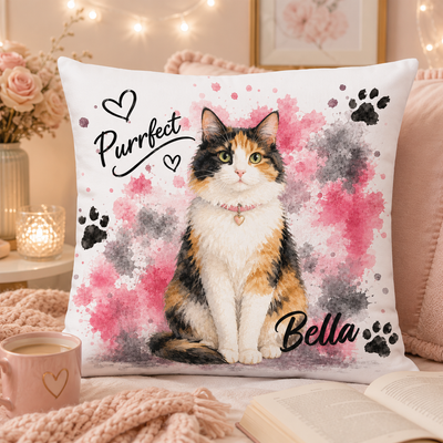 Personalized Purrfect Pet Throw Pillow | Custom Name Watercolor Cat & Dog Decorative Pillow