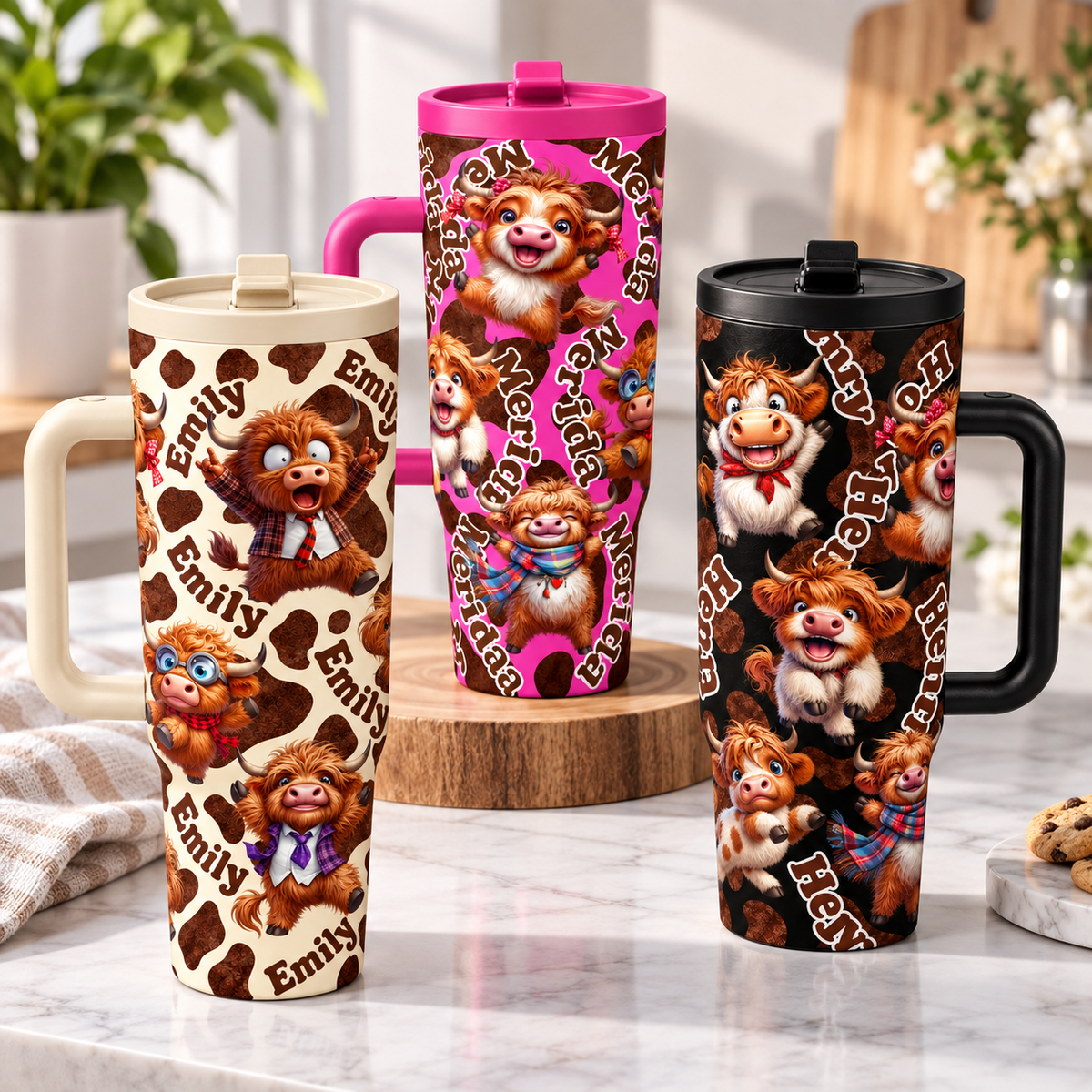 Personalized Highland Cow Tumbler, Custom Name Cute Cartoon Highland Cows 40oz Insulated Travel Mug, Cow Print Tumbler With Handle Gift For Cow Lovers