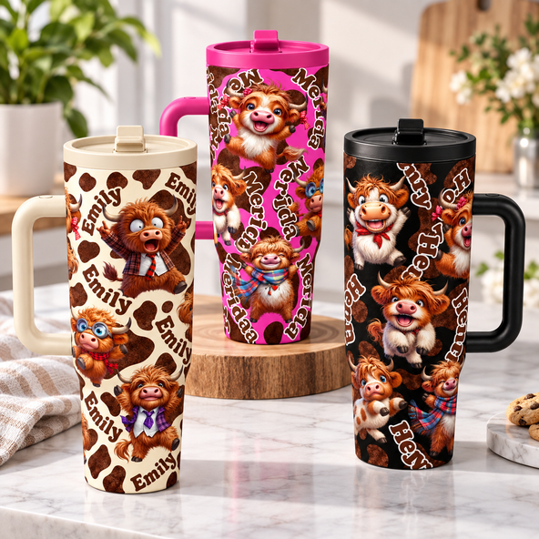 Personalized Highland Cow Tumbler, Custom Name Cute Cartoon Highland Cows 40oz Insulated Travel Mug, Cow Print Tumbler With Handle Gift For Cow Lovers