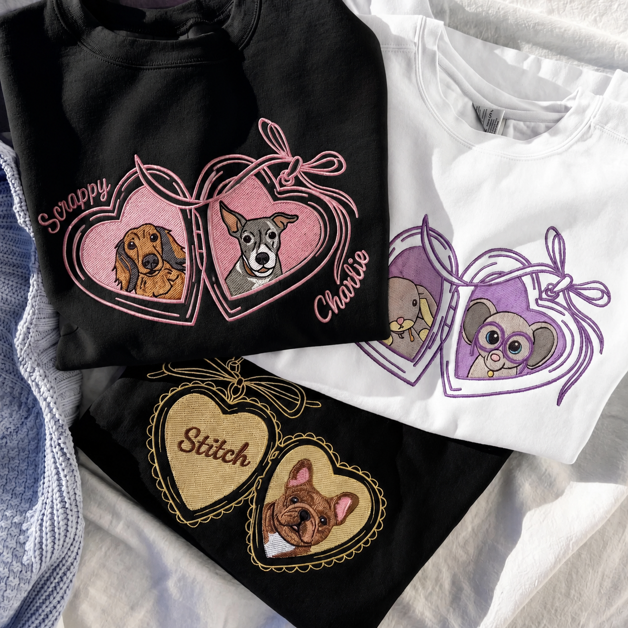 Vintage Locket Pet Portrait Sweatshirt – Personalized Dog & Cat Photo Crewneck with Coquette Bow