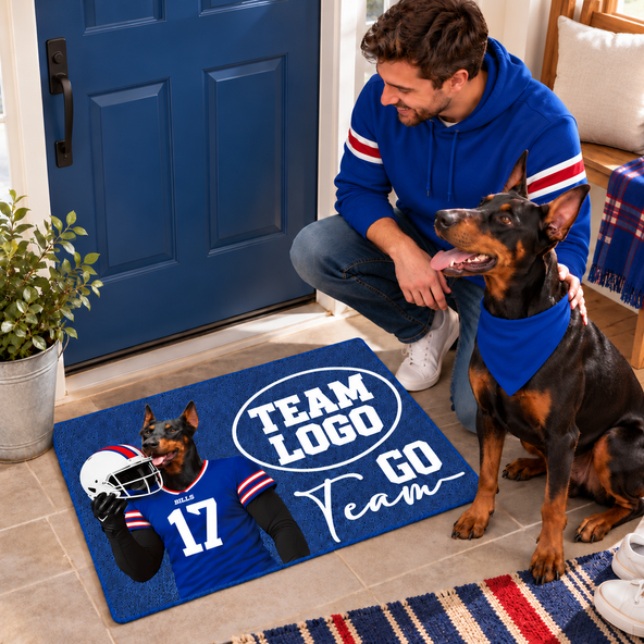 Custom Pet Head Football Doormat, Upload Your Pet Photo, Personalized Football Team Welcome Mat, Pet Lover & Football Fan Gift
