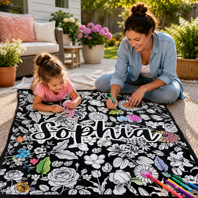 Personalized Black Aesthetic Custom Name Blanket | Woodland Forest & Floral Sunflower DIY Colorable Blanket