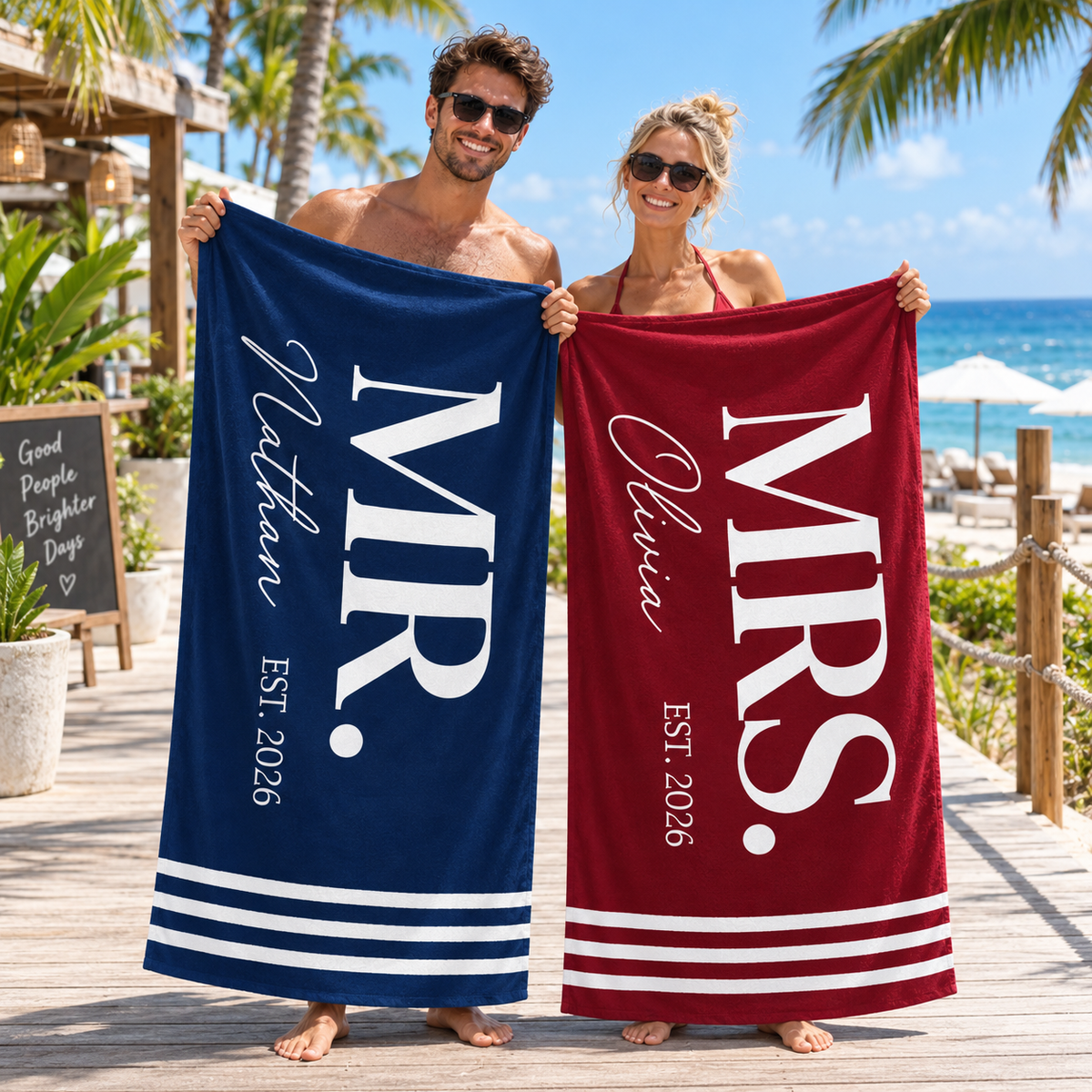 Custom Name Mr & Mrs Coastal Couple Towel Set, Romantic Honeymoon & Wedding Anniversary Present For Newlyweds - Personalized Beach Towels
