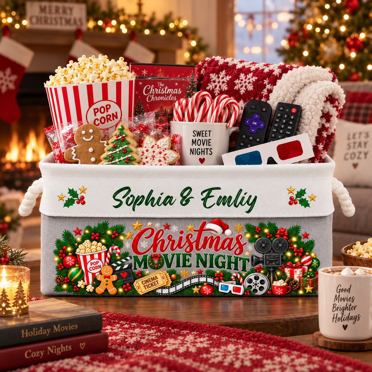 Christmas Movie Night Basket - Supplies Snack Storage Basket With Handles - Personalized Storage Basket