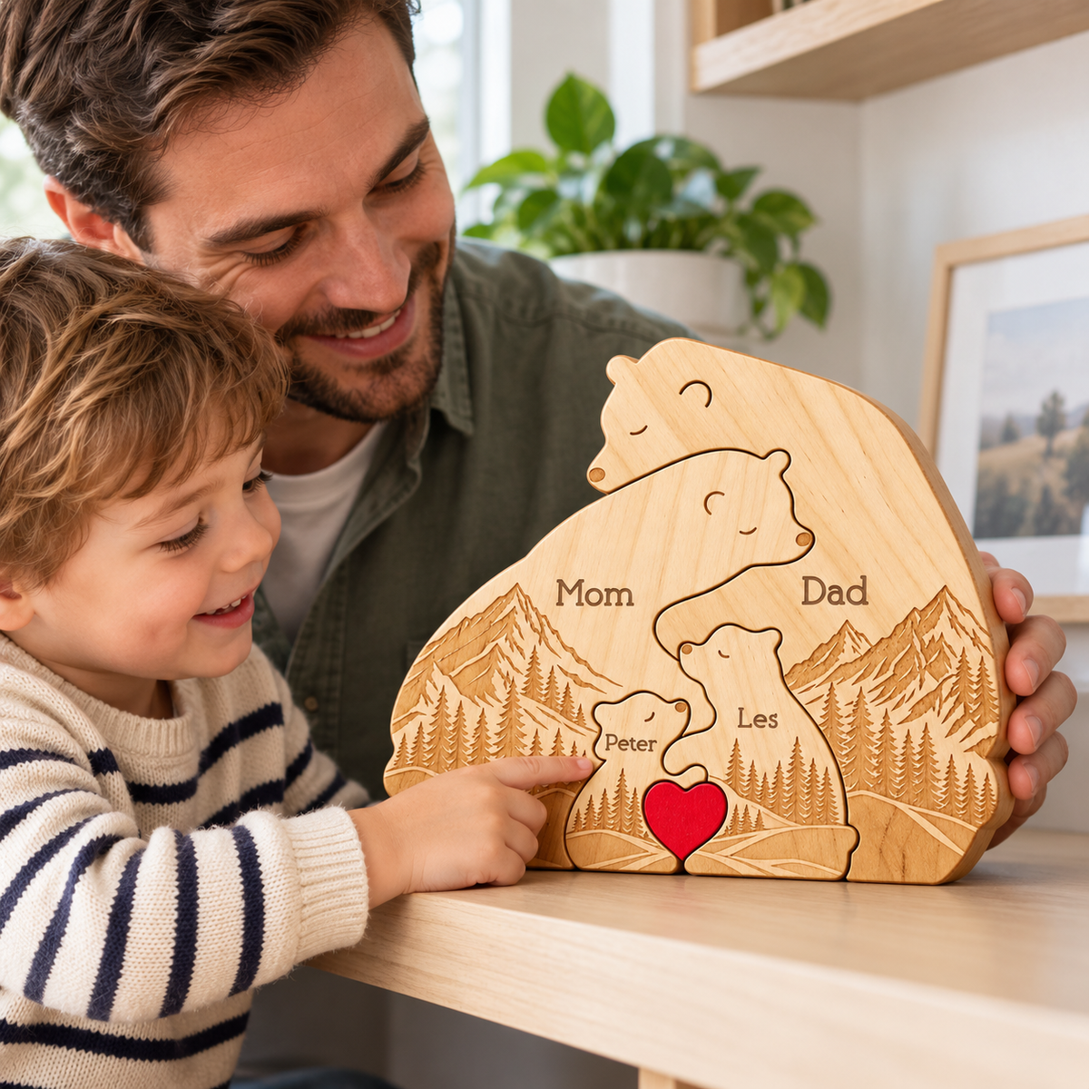 Personalized Wooden Bear Family Puzzle, Custom Name Bear Family Keepsake, Engraved Mountain Forest Decor, Gift for Family