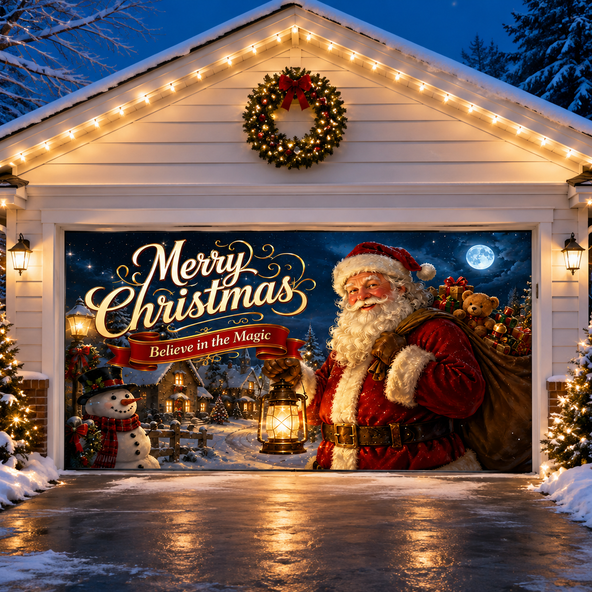 Christmas Garage Door Banner, Santa Claus & Nativity Scene Large Outdoor Garage Door Cover, Winter Holiday Yard Decor Backdrop Gift For Family, Christian Religion